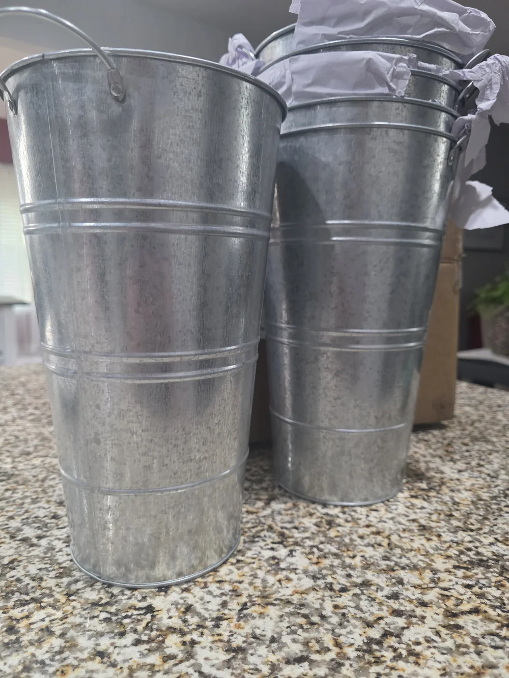 SiX (6) Galvanized Metal Flower Buckets - Silver Decorative Vases